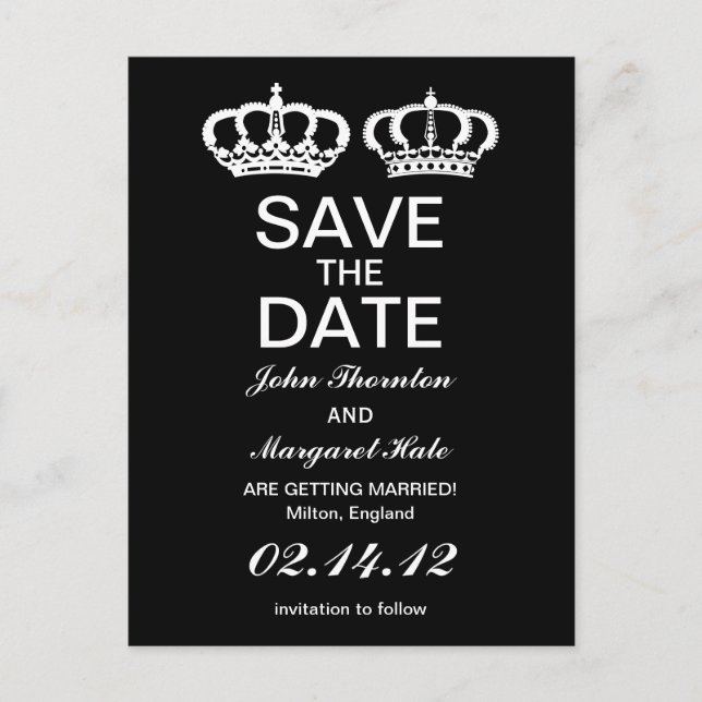 Schwarz-weiß Royal Couple Save the Date Ankündigungspostkarte (Vorderseite)