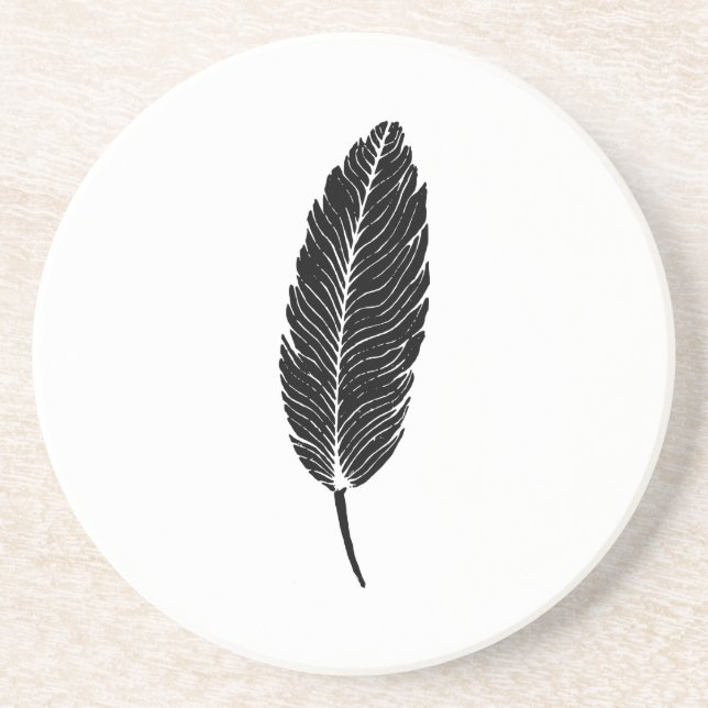 Schwarz-Weiß-Rustikal-Feather-Linocut Getränkeuntersetzer (Vorne)