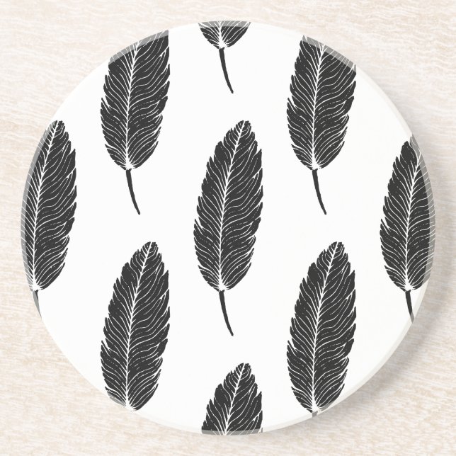Schwarz-Weiß-Rustikal-Feather-Linocut Getränkeuntersetzer (Vorne)
