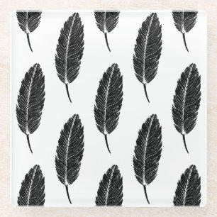 Schwarz-Weiß-Rustikal-Feather-Linocut Glasuntersetzer