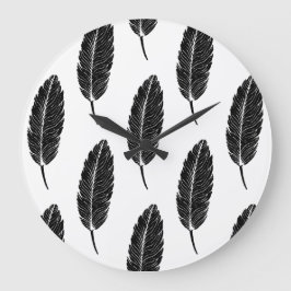 Schwarz-Weiß-Rustikal-Feather-Linocut Große Wanduhr