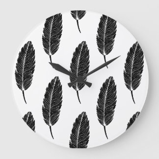 Schwarz-Weiß-Rustikal-Feather-Linocut Große Wanduhr