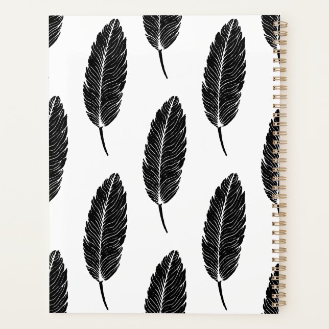 Schwarz-Weiß-Rustikal-Feather-Linocut-Muster Planer (Rückseite)