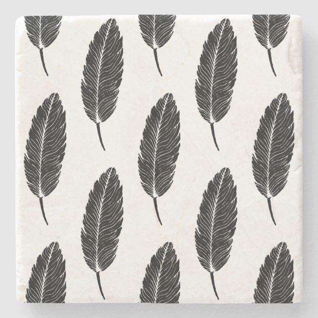 Schwarz-Weiß-Rustikal-Feather-Linocut Steinuntersetzer (Vorderseite)