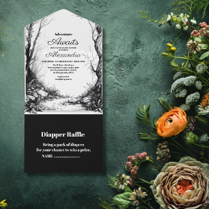 Schwarz Weiß Rustikale Waldabenteuer-Babyparty All In One Einladung