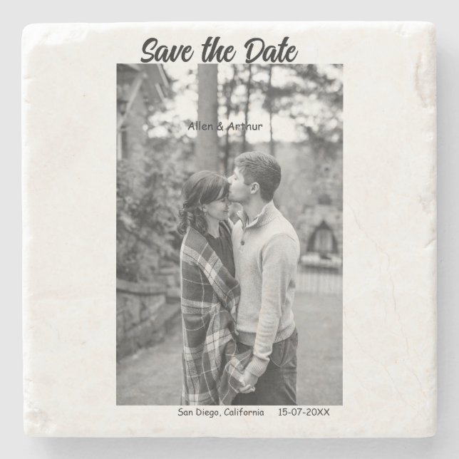 Schwarz-weiß Save the Date QR Website-Namen phot h Steinuntersetzer (Vorderseite)