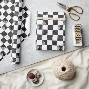 Schwarz-Weiß-Schachbrett-Rennwagen-Geburtstag Geschenkpapier