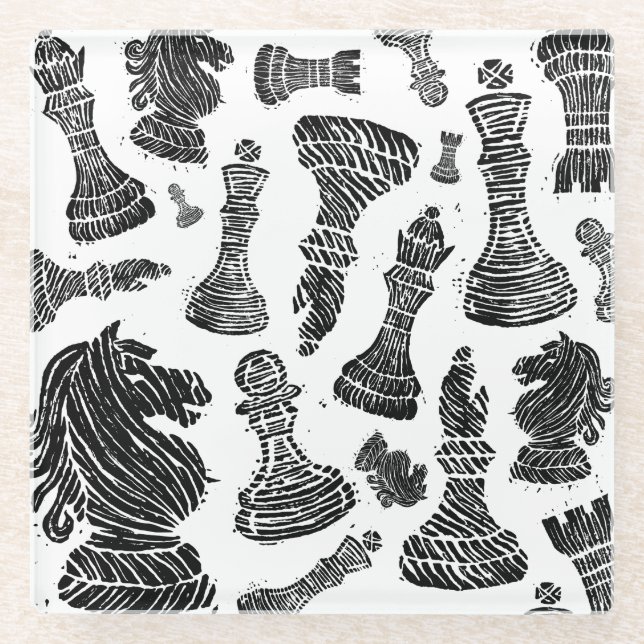 Schwarz-Weiß-Schachfiguren Linocut Glasuntersetzer (Vorderseite)