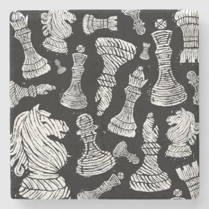 Schwarz-Weiß-Schachfiguren Linocut Steinuntersetzer