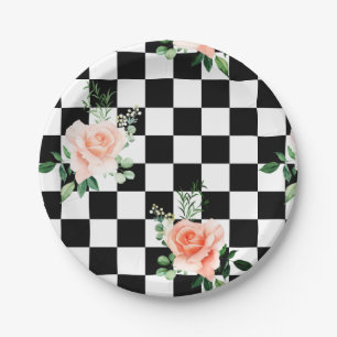 Schwarz-Weiß-Schachtel und Rosa-Rosa-Druck Pappteller