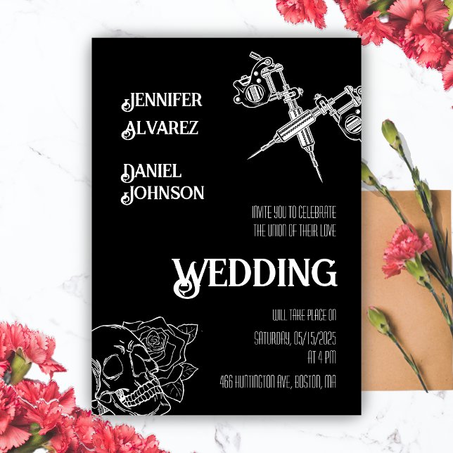 Schwarz-Weiß-Schädeltatto Einladung zur Hochzeit (Black and White Skull Tattoo Wedding Invitation)