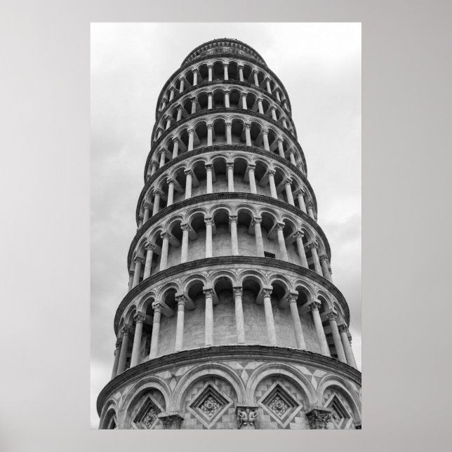 Schwarz-Weiß-Schiefer Turm von Pisa Italien Poster (Vorne)