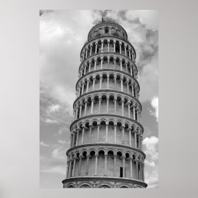 Schwarz-Weiß-Schiefer Turm von Pisa Poster (Vorne)
