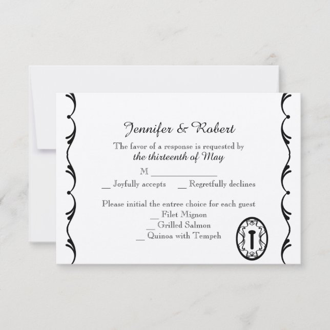 Schwarz-Weiß-Schlüssel für die Hochzeitsreaktion RSVP Karte (Vorderseite)