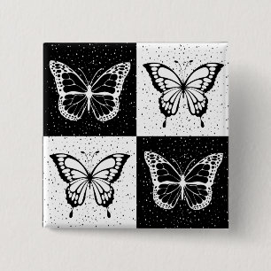 Schwarz-weiß-Schmetterling-Karo-Blockdruck Button