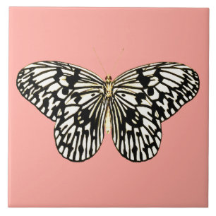 Schwarz-Weiß-Schmetterling, Korallenrosa-Hintergr Fliese