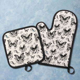 Schwarz Weiß Schmetterling Muster Ofenhandschuh & Topflappen-Set