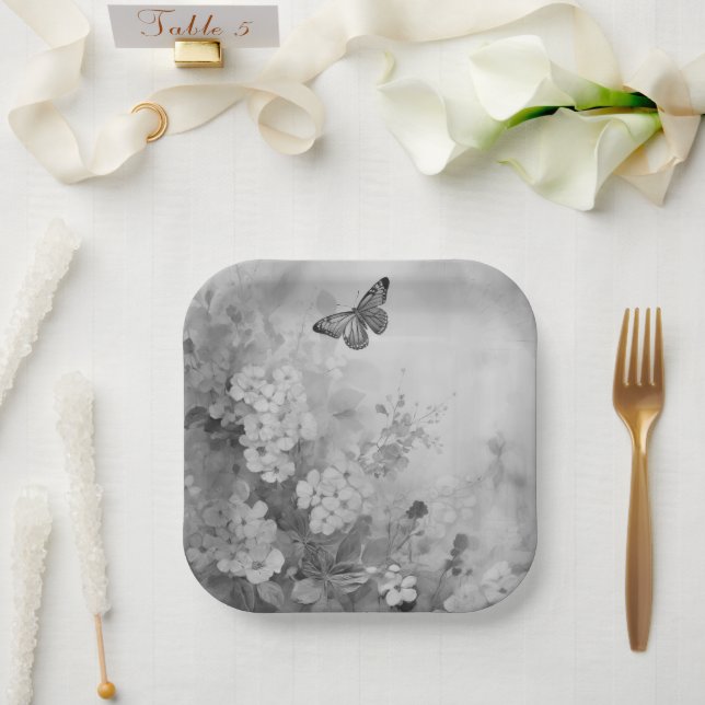 Schwarz-Weiß-Schmetterling Pappteller (Hochzeit)
