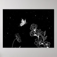 Schwarz-Weiß-Schmetterling und Blume in der Nacht