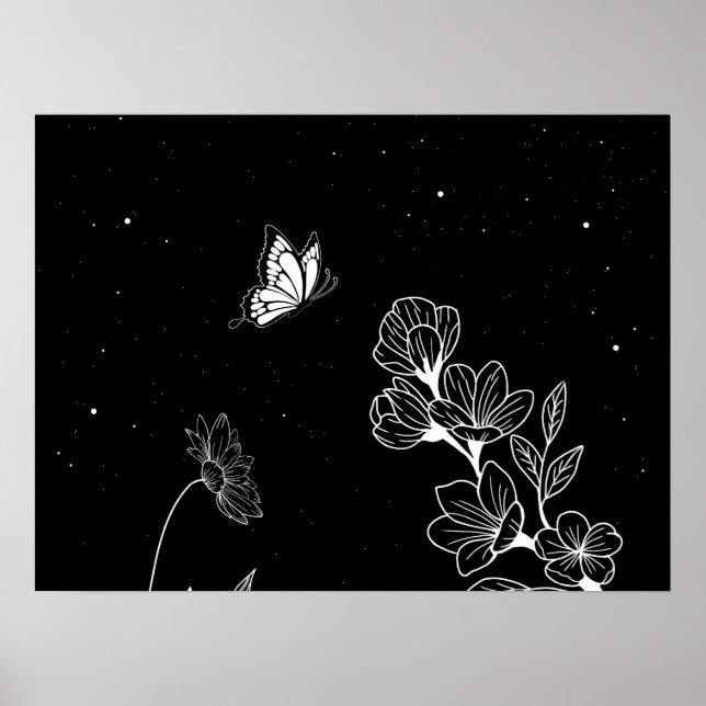 Schwarz-Weiß-Schmetterling und Blume in der Nacht  Poster (Vorne)