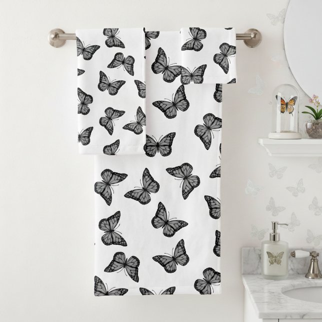 Schwarz-Weiß-Schmetterlinge Badezimmer Handtuch Se Badhandtuch Set (Black and white bathroom towel set for butterfly lovers. 🦋)