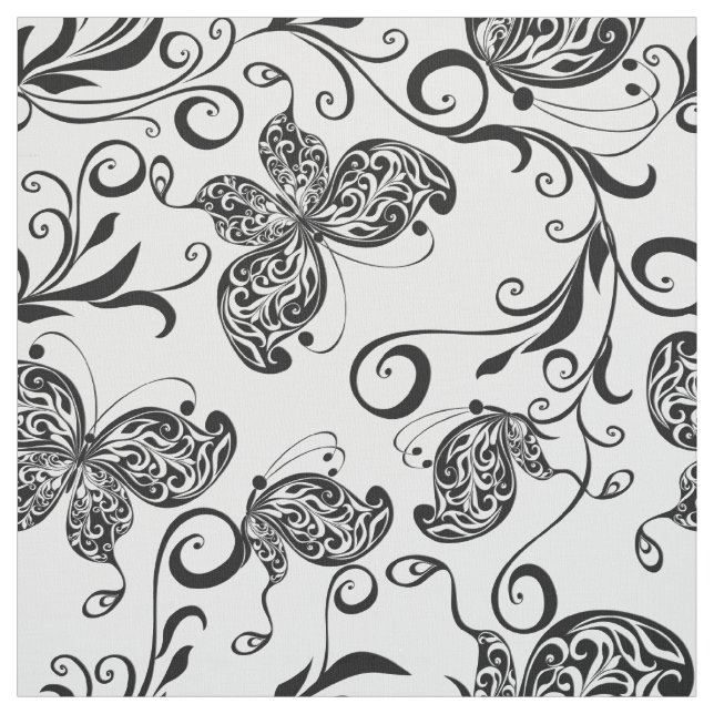 Schwarz-Weiß-Schmetterlinge & Blume-Muster Stoff (Muster)