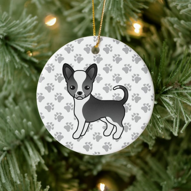 Schwarz-Weiß-Schnauze-Coat Chihuahua Hunde und Paw Keramik Ornament (Baum)