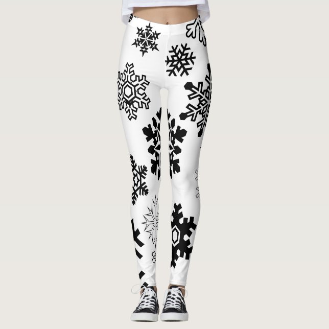 Schwarz-Weiß-Schneeflocken Leggings (Vorderseite)