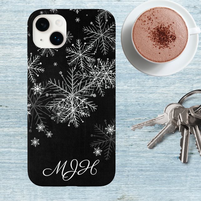 Schwarz-Weiß-Schneeflocken-Monogramm Case-Mate iPhone Hülle (Von Creator hochgeladen)