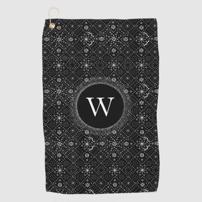 Schwarz-weiß-Schneeflocken-Muster-Monogramm Golfhandtuch (Vorderseite)