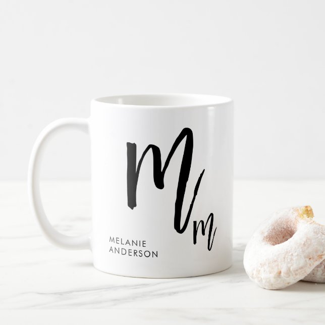 Schwarz-Weiß-Schrift-Monogramm Kaffeetasse (Mit Donut)