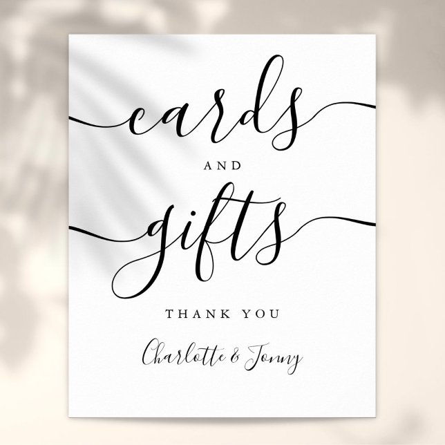 Schwarz-Weiß-Schriftkarten und Geschenke Schild (Black And White Script Cards And Gifts Sign)