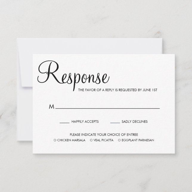 Schwarz-Weiß-Script-Auswahl Hochzeit RSVP Karte (Vorderseite)
