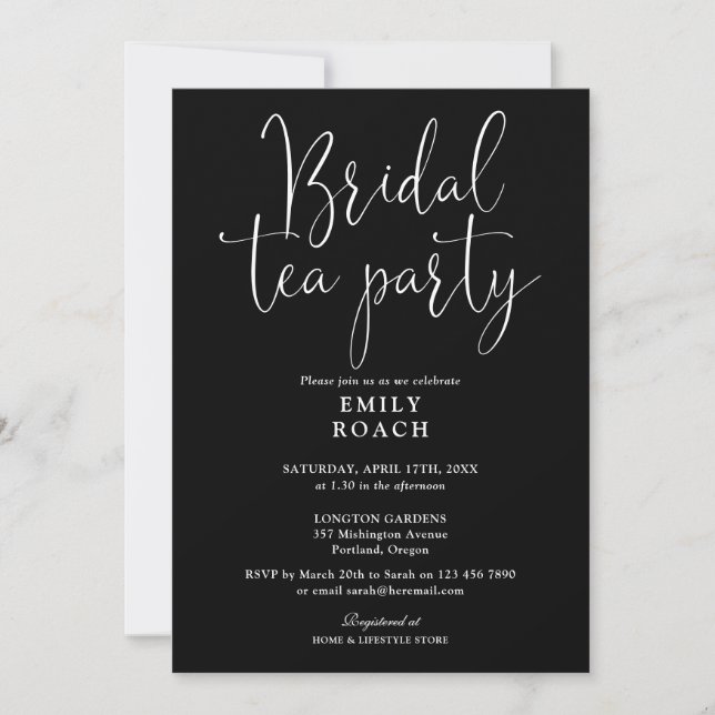 Schwarz-Weiß-Script-Bridal-Tee-Party-Dusche Einladung (Vorderseite)