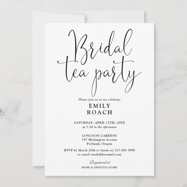 Schwarz-Weiß-Script-Bridal-Tee-Party-Dusche Einladung (Vorderseite)