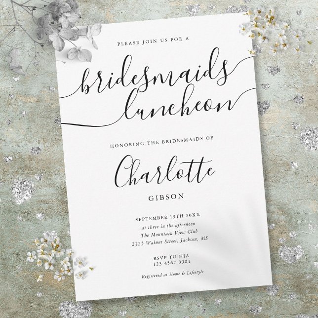 Schwarz-Weiß-Script-Bridesmaiern Luncheon Einladung (Black And White Script Bridesmaids Luncheon Invitation)
