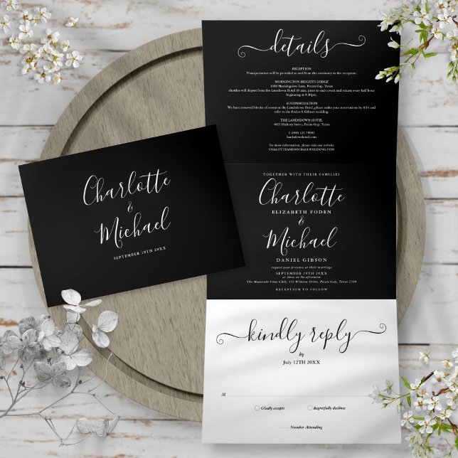 Schwarz-Weiß-Script-Foto Hochzeit Dreifach Gefaltete Einladung (Black And White Elegant Script Photo Wedding Tri-Fold Invitation)
