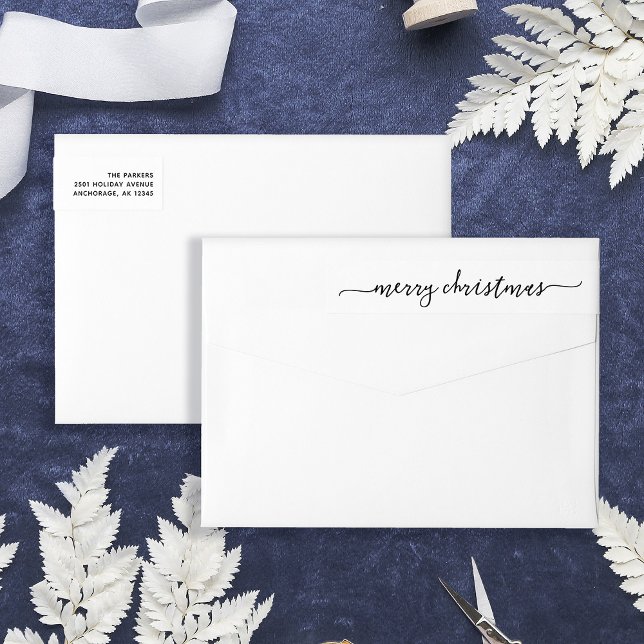 Schwarz-Weiß-Script | Frohe Weihnachtsadresse (Stylish and elegant wrap-around return address labels for Christmas)