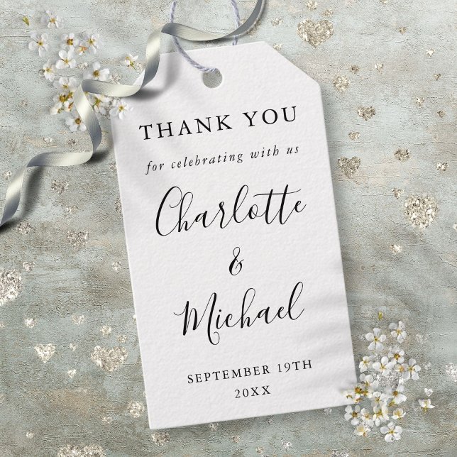 Schwarz-Weiß-Script-Gastgeschenk Hochzeit Vielen D Geschenkanhänger (Black And White Script Wedding Favor Thank You Gift Tags)
