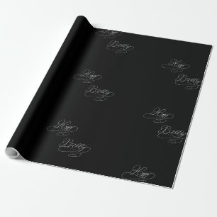 Schwarz-Weiß-Script-Happy Birthday Geschenkpapier