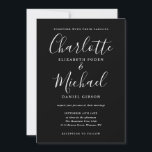 Schwarz-Weiß-Script-Hochzeit Einladung<br><div class="desc">Diese elegante Schwarz-Weiß-Hochzeitseinladung mit ihren charakteristischen Stilnamen kann mit Ihren Informationen in eleganter weißer Schrift personalisiert werden. Entwickelt von Thisisnotme©</div>