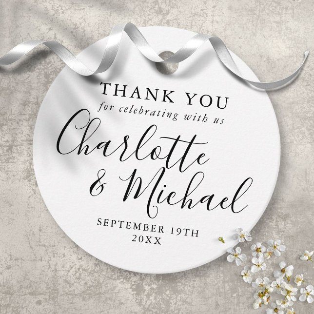 Schwarz-Weiß-Script-Hochzeit Vielen Dank Geschenkanhänger (Black And White Script Wedding Thank You Favor Tags)