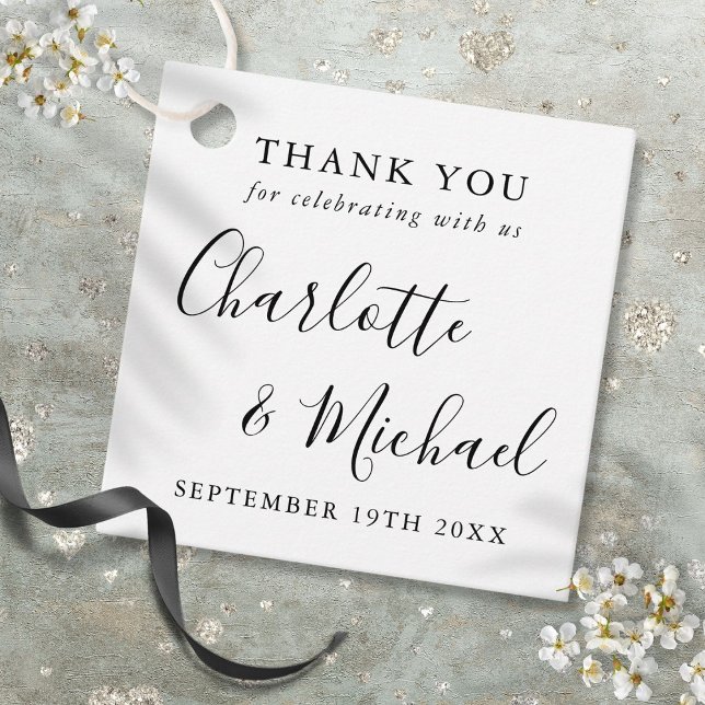 Schwarz-Weiß-Script-Hochzeit Vielen Dank Geschenkanhänger (Black And White Script Wedding Thank You Favor Tags)