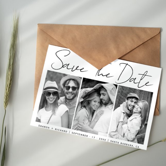 Schwarz-Weiß-Script-Kalligrafie 3-Foto-Collage Save The Date (Von Creator hochgeladen)