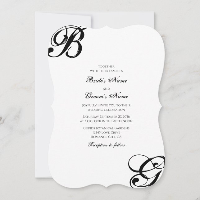 Schwarz-Weiß-Script-Monogramm-Hochzeit Einladung (Vorderseite)