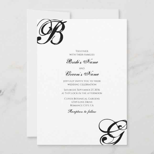 Schwarz-Weiß-Script-Monogramm-Hochzeit Einladung (Vorderseite)