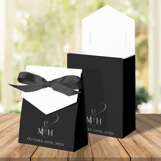 Schwarz-Weiß-Script-Typografie-Candy Geschenkschachtel (Elegant wedding simple minimalist favor box black and white monogram)