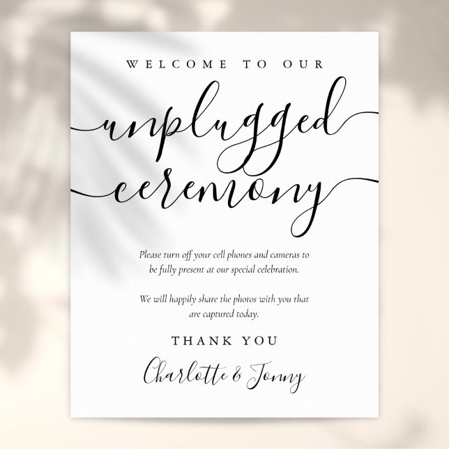 Schwarz-Weiß-Script Unplugged Zeremonie Schild (Black And White Script Unplugged Ceremony Sign)