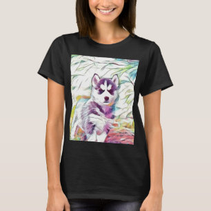 Schwarz-Weiß-sibirische Husky-Welpe auf braunen Gr T-Shirt