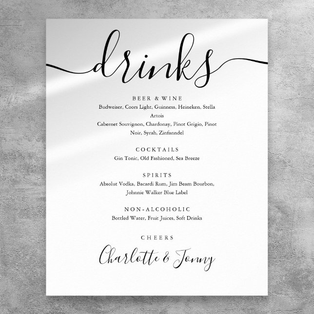 Schwarz-Weiß-Signatur-Schriftzug Getränkekarte Sch Poster (Black And White Signature Script Drinks Menu Sign)
